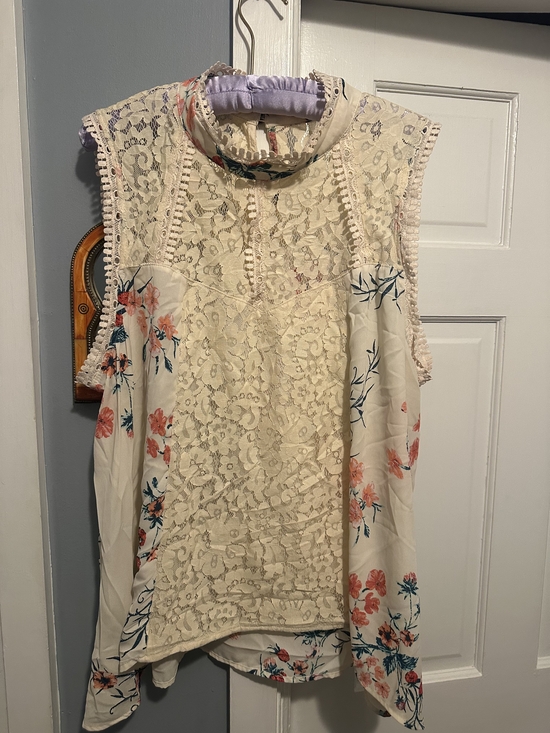 loralette Tops - loralette Cream Lace Yoke Floral Top with Coral and Blue Blooms